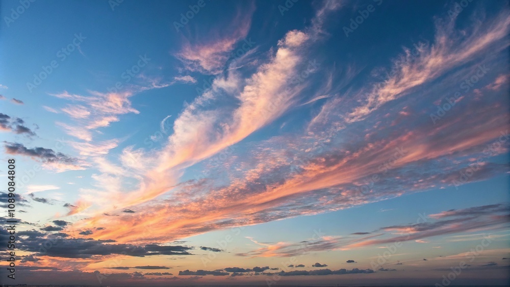 Obraz premium Delicate wisps of cloud drift lazily across the cerulean sky at sunset, leaving behind a trail of soft pink and orange hues, trail, pink, orange