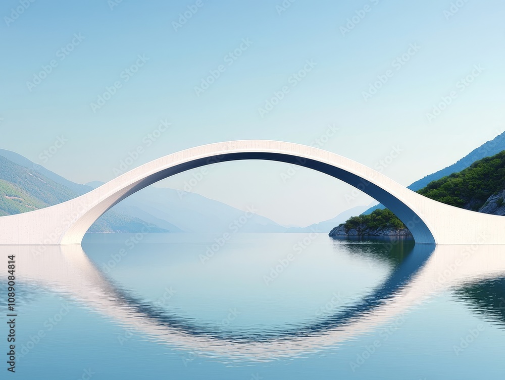 Obraz premium A modern, white arch bridge spans a serene lake, surrounded by mountains under a clear blue sky. self improvement balance concept.