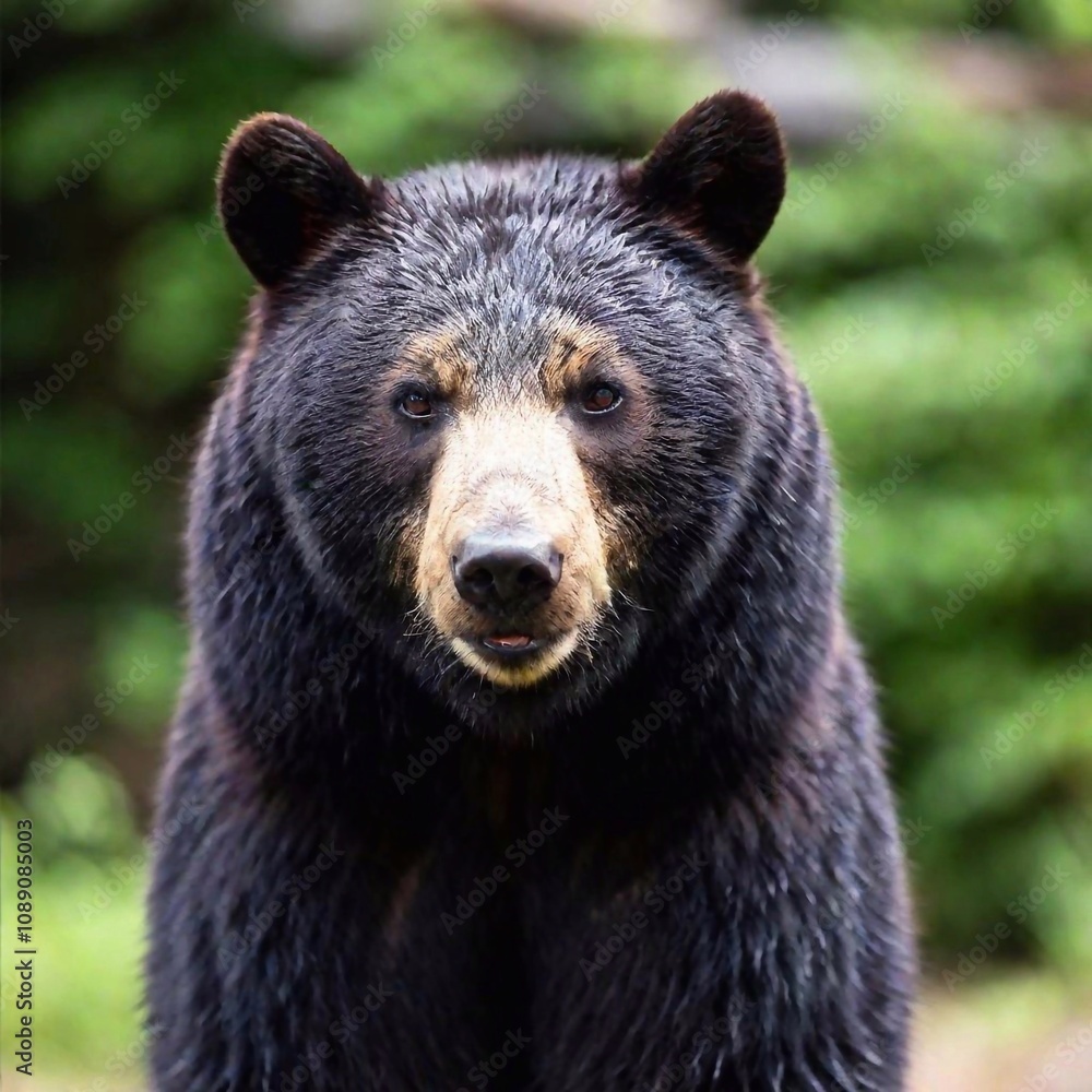 Obraz premium Make a portrait of a black bear where the bear is looking directly at the viewer. It is a head shot of the bear. The bear has his snout pointing directly at the viewer, not tilted up or down. Make 