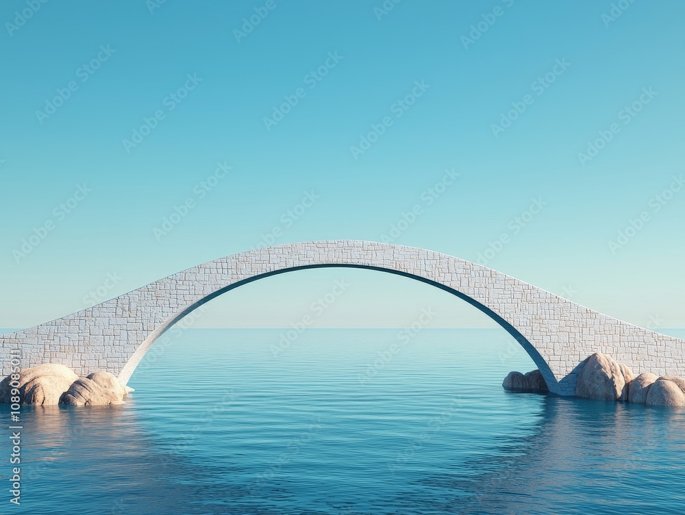 Fototapeta premium A serene arch bridge spans calm waters under a clear blue sky, evoking tranquility and architectural beauty. self improvement balance concept.