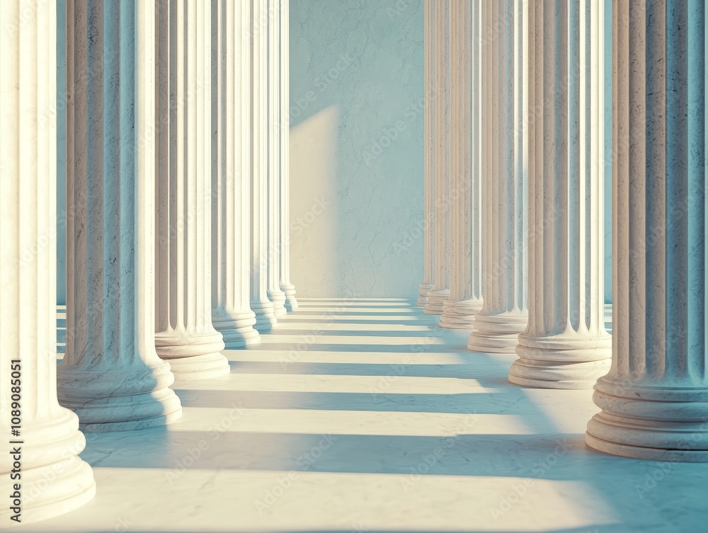 A serene corridor of classical columns, bathed in soft light, creating a tranquil and timeless atmosphere. self improvement balance concept. A serene corridor of classical columns, bathed in soft light, creating a tranquil and timeless atmosphere. self improvement balance concept.