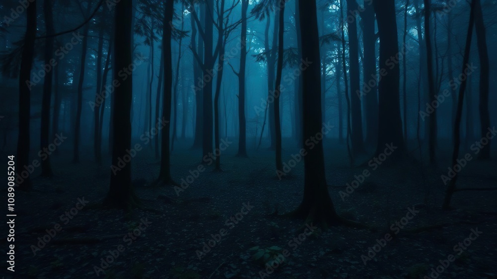 Naklejka premium Misty forest floor with glowing blue light, ethereal glow, softly lit path, enchanting scenery
