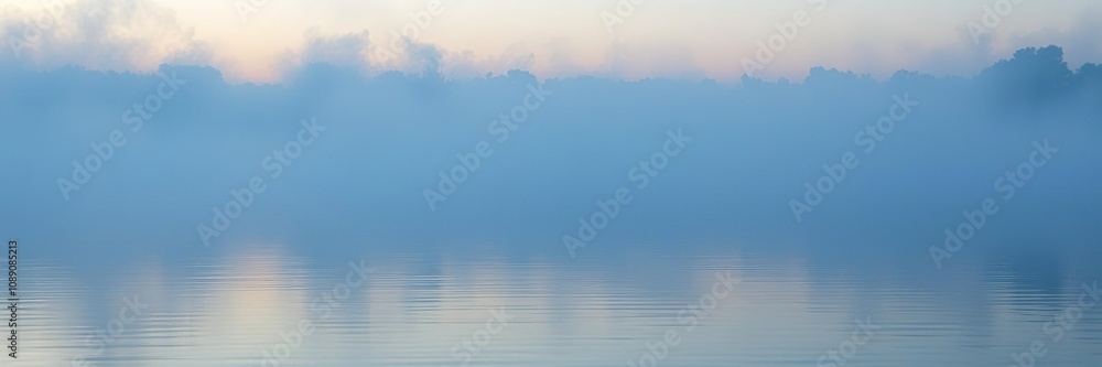 Misty indigo smoke gently floating on a calm still lake surface at dusk, mist, twilight Misty indigo smoke gently floating on a calm still lake surface at dusk, mist, twilight