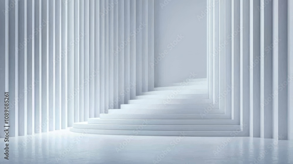 Fototapeta premium A serene, minimalist space featuring white columns and a gradual staircase leading to a bright, undefined area. Personal productivity for goals and success.