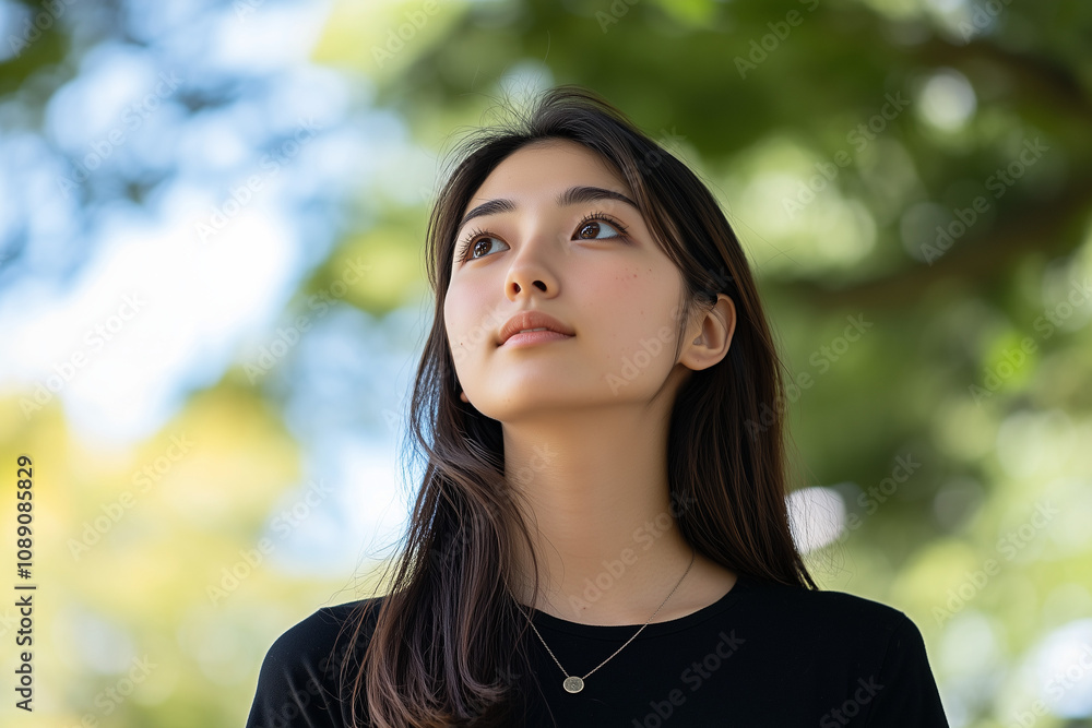 上を見上げる若い日本人の女性 上を見上げる若い日本人の女性