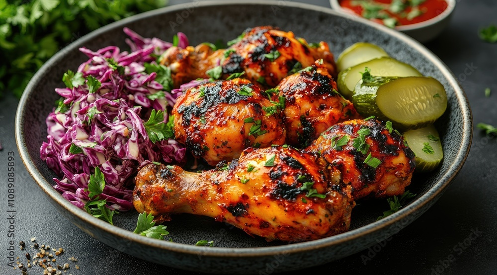 Grilled chicken drumsticks with red cabbage slaw and pickles. Grilled chicken drumsticks with red cabbage slaw and pickles.