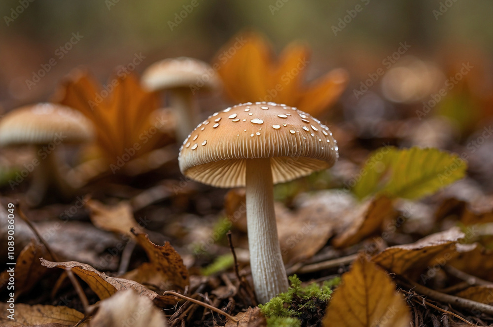 Macro Mushroom Close-Up Amid Autumn Leaves in Serene, Soft Focus Scene