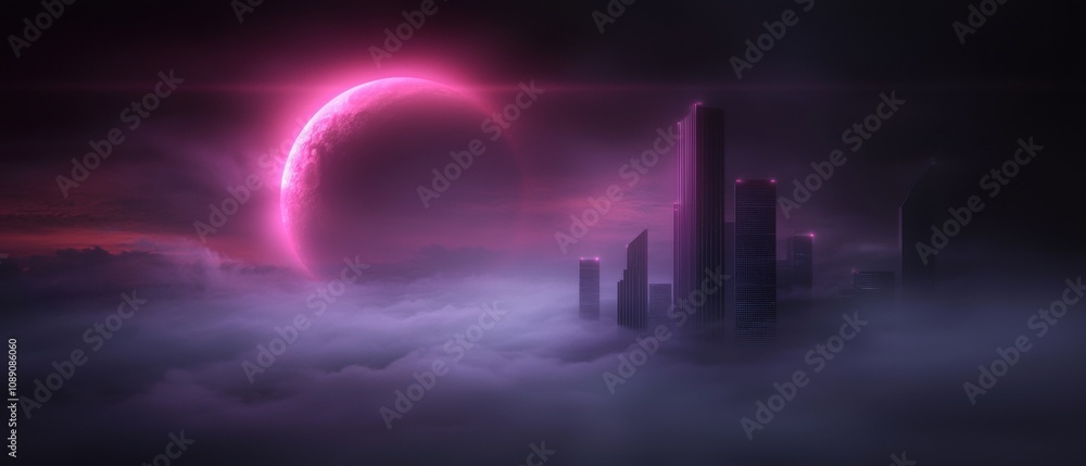 Fototapeta premium A cityscape with a large pink moon in the sky