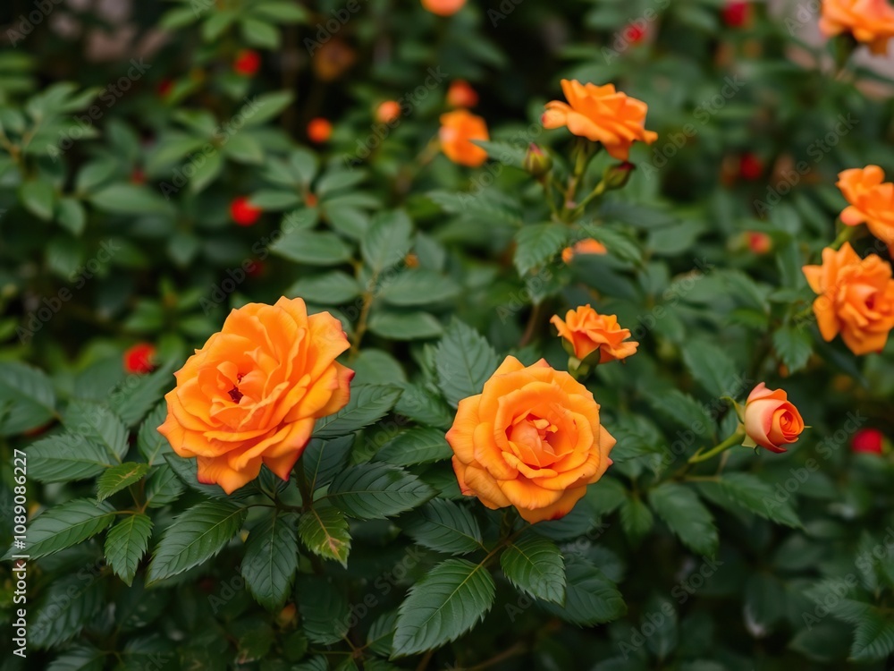 orange rose blooms on green leaves in a garden background, plant growth, floral motifs orange rose blooms on green leaves in a garden background, plant growth, floral motifs