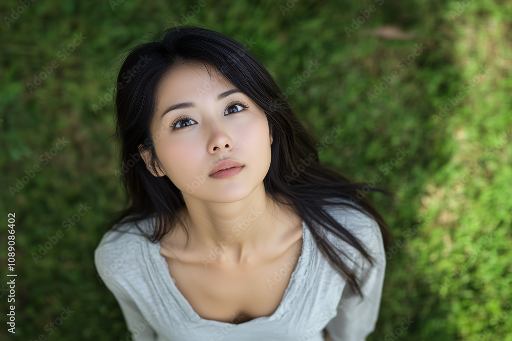 上を見上げる若い日本人の女性 上を見上げる若い日本人の女性
