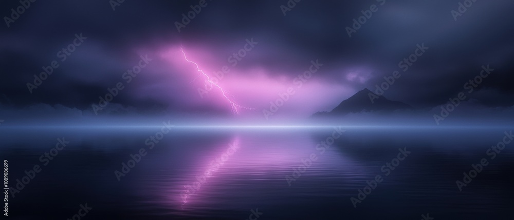Obraz premium A purple lightning bolt is reflected in the water
