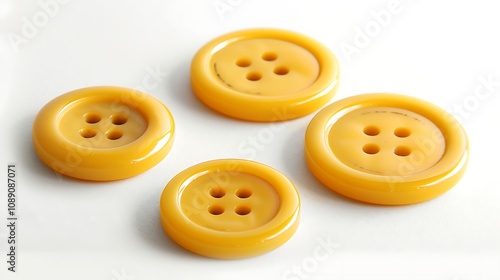 A collection of four yellow buttons with four holes, used for fastening garments. photo