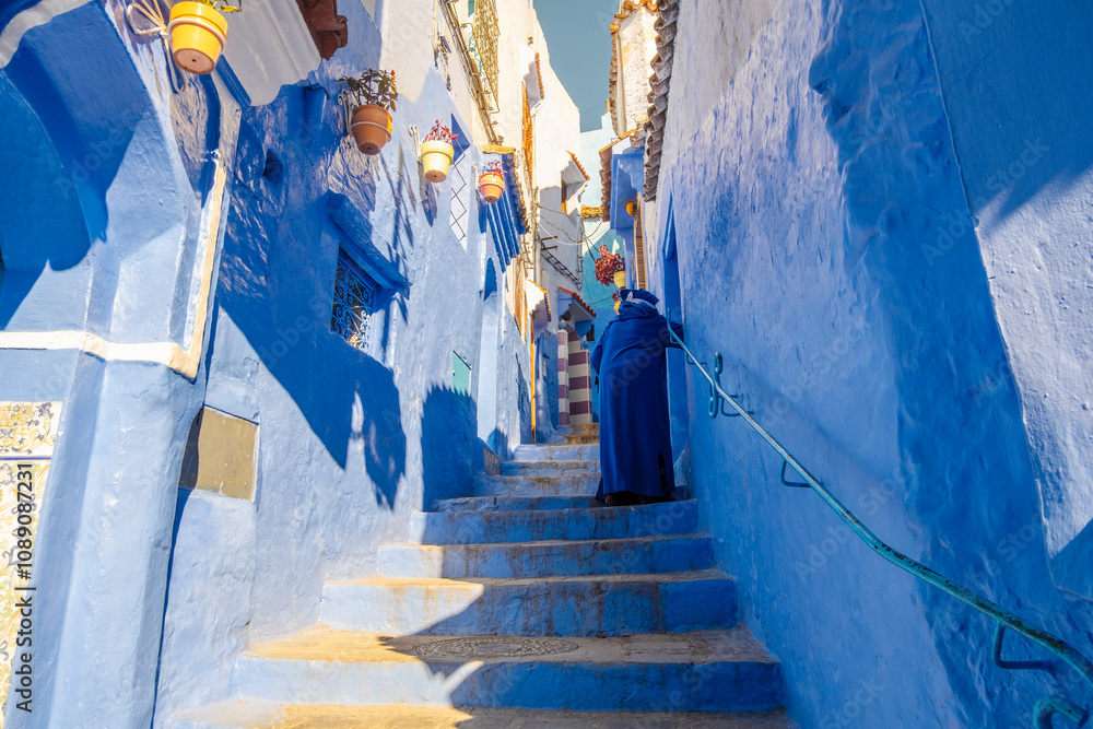 Street View of Blue City houses in Chefchaouen, Morocco in North Africa