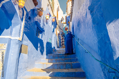 Obraz na płótnie Street View of Blue City houses in Chefchaouen, Morocco in North Africa w salonie
