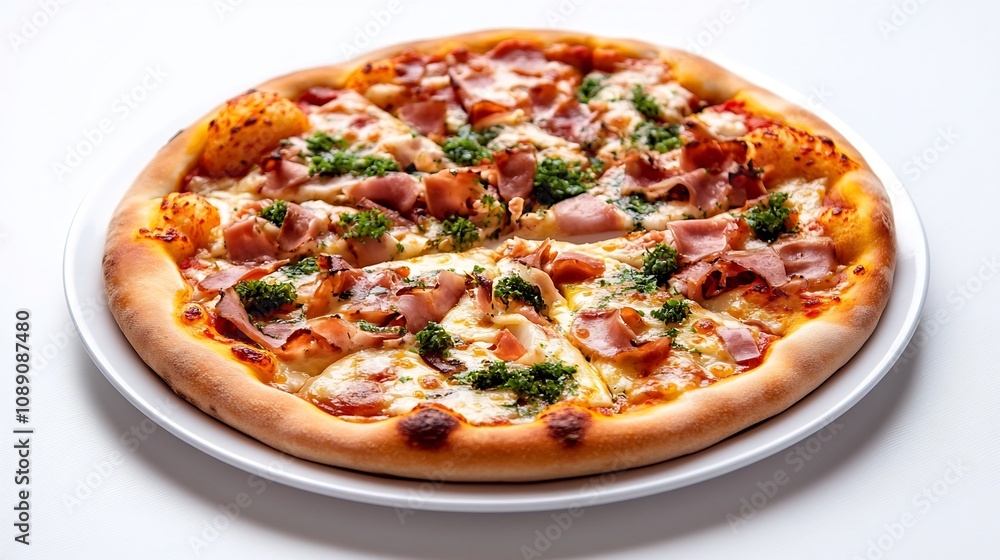 Delicious Italian Pizza with Assorted Toppings on White Plate Delicious Italian Pizza with Assorted Toppings on White Plate