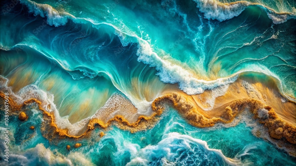 Abstract Ocean Waves with Turquoise Shades and Gold Powder: Aerial View of Raging Sea Elements in an Artistic Landscape Abstract Ocean Waves with Turquoise Shades and Gold Powder: Aerial View of Raging Sea Elements in an Artistic Landscape
