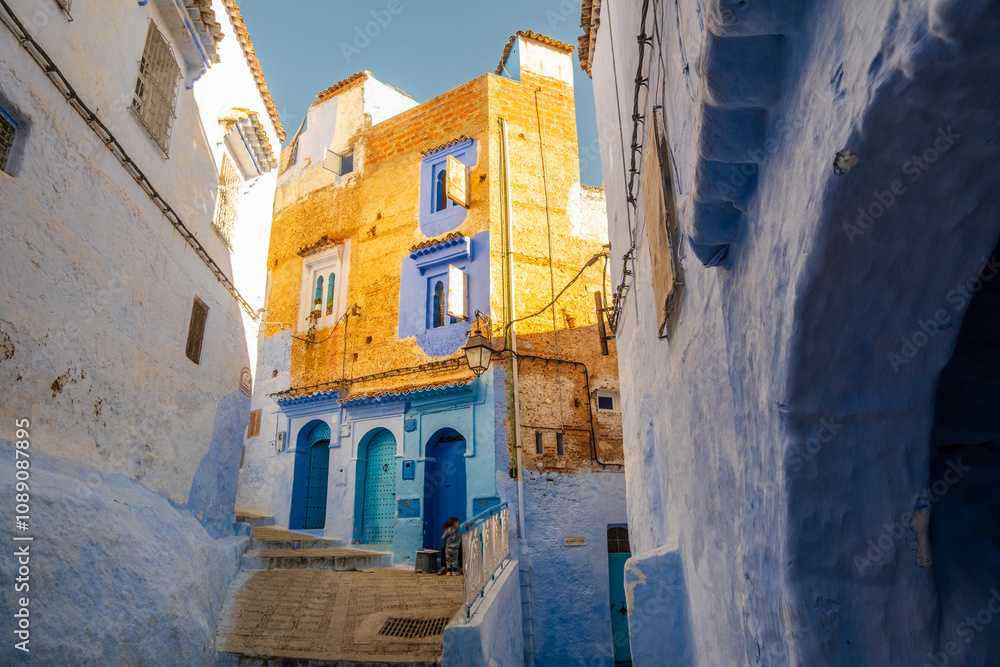 Street View of Residential houses in Chefchaouen, Morocco in North Africa