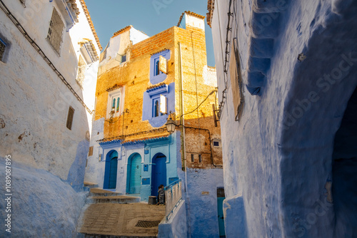 Obraz na płótnie Street View of Residential houses in Chefchaouen, Morocco in North Africa w salonie