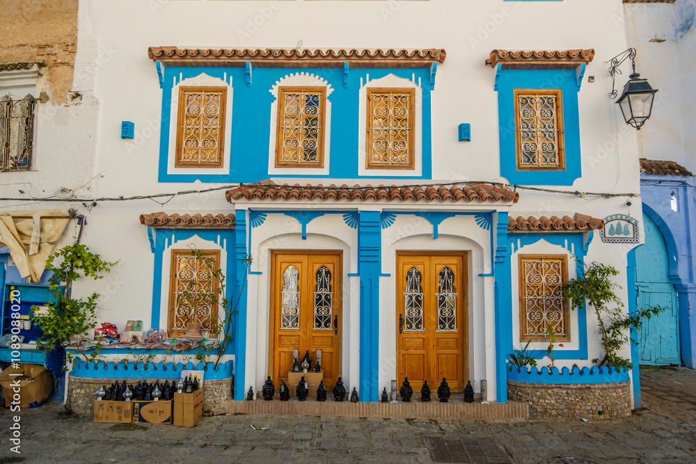 Street View of Residential houses in Chefchaouen, Morocco
