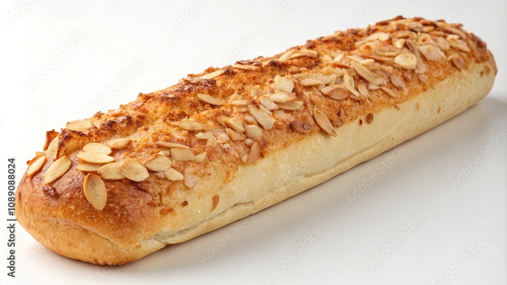 Toasted almond-crusted baguette with a crispy, golden-brown crust and a soft interior, crusty bread, food styling, artisanal bread Toasted almond-crusted baguette with a crispy, golden-brown crust and a soft interior, crusty bread, food styling, artisanal bread