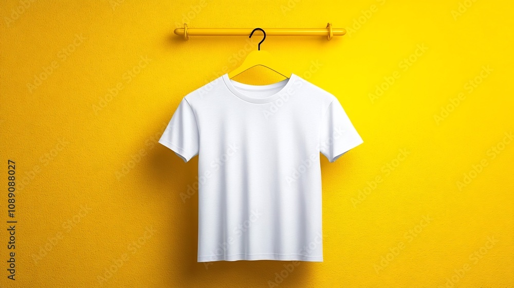 Plain White T-Shirt Hanging on Bright Yellow Hanger with Minimal Studio Background Plain White T-Shirt Hanging on Bright Yellow Hanger with Minimal Studio Background