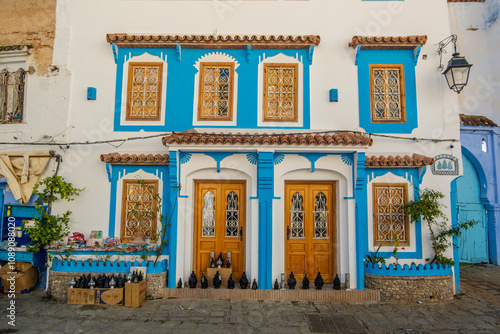 Obraz na płótnie Street View of Residential houses in Chefchaouen, Morocco w salonie