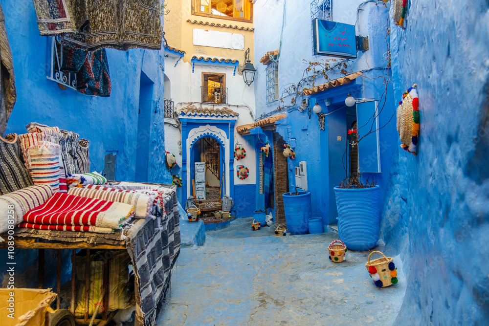 Street View of Residential houses in Chefchaouen, Morocco