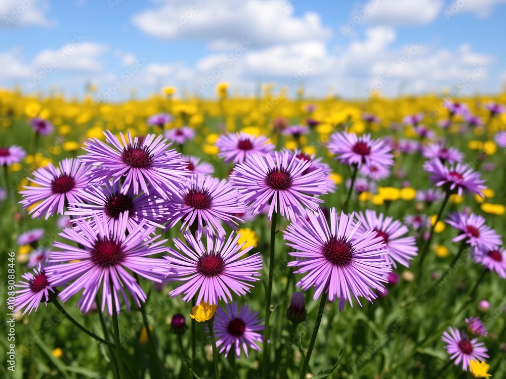 Obraz premium Purple asters in a field with blue sky and yellow flowers, field, purple