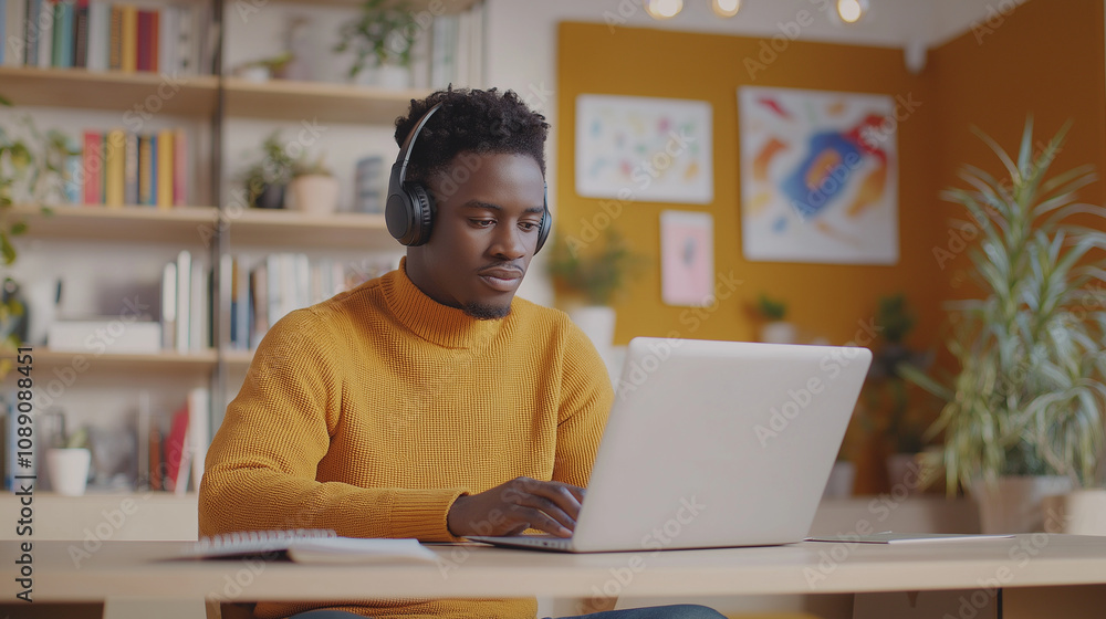 A vibrant scene of an African American male student sitting at a modern desk, fully focused on his laptop during a virtual learning session. He wears headphones and has a notebook A vibrant scene of an African American male student sitting at a modern desk, fully focused on his laptop during a virtual learning session. He wears headphones and has a notebook