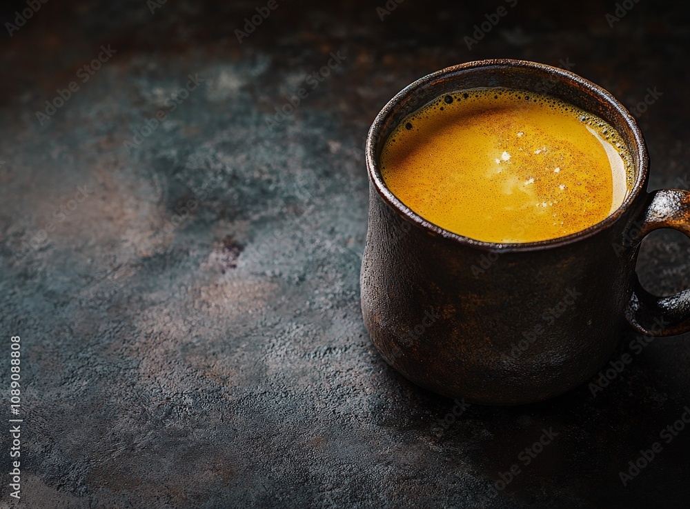 Rustic ceramic mug with golden turmeric latte on dark vintage surface Rustic ceramic mug with golden turmeric latte on dark vintage surface