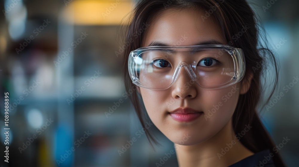 Obraz premium Close-Up Portrait of Asian Female Scientist in Laboratory with Focused Expression