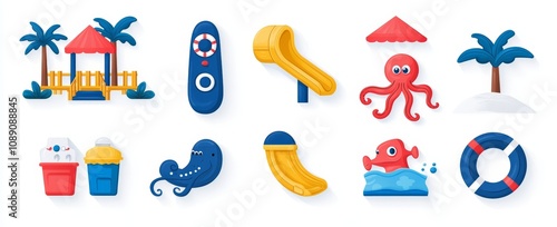 A set of water park slides isolated on a white background. A cartoon illustration of elements of an aqua park design, including inflatable mattresses, amusement equipment for swimming pools, and photo