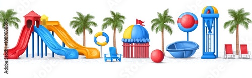 Modern cartoon illustration of water park slides, amusement equipment for swimming pools, inflatable balls, tropical palm trees, parasol, and tropical palm trees set against white background. photo