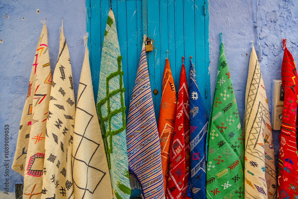 Colorful Rugs in Chefchaouen, Morocco in North Africa