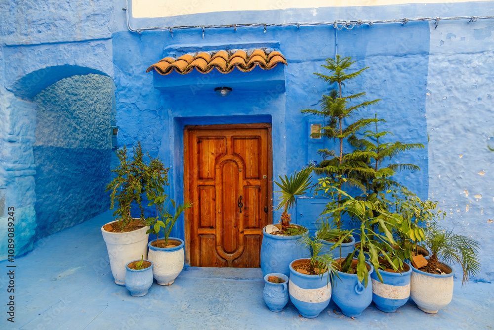 Street View of Residential houses in Chefchaouen, Morocco