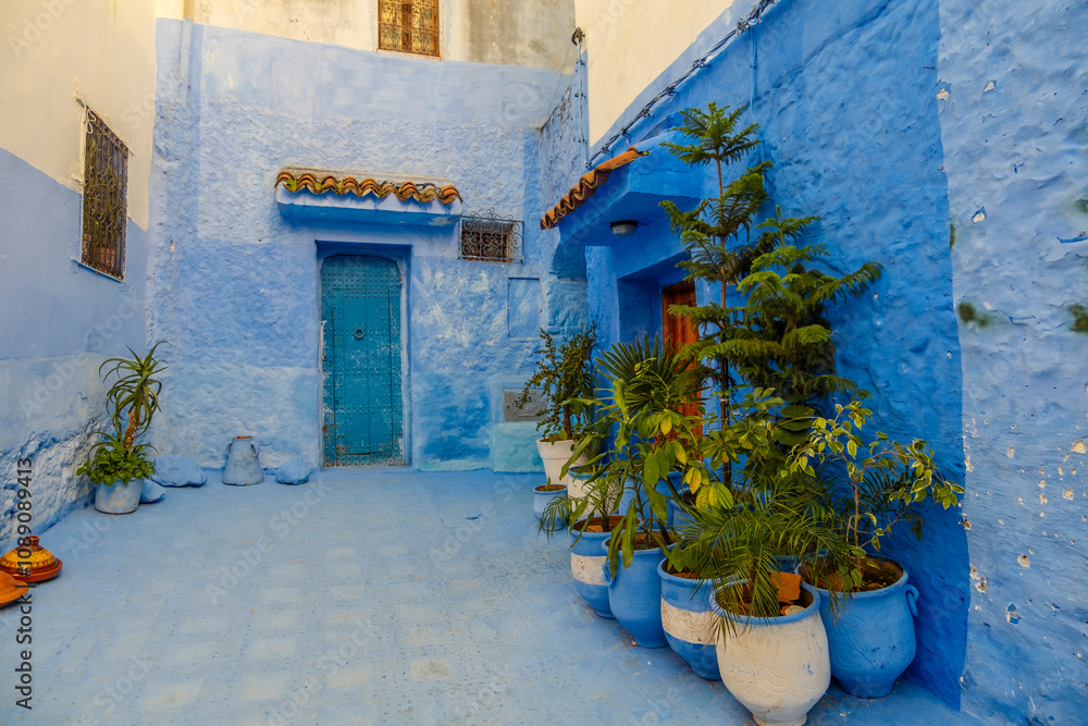 Street View of Residential houses in Chefchaouen, Morocco