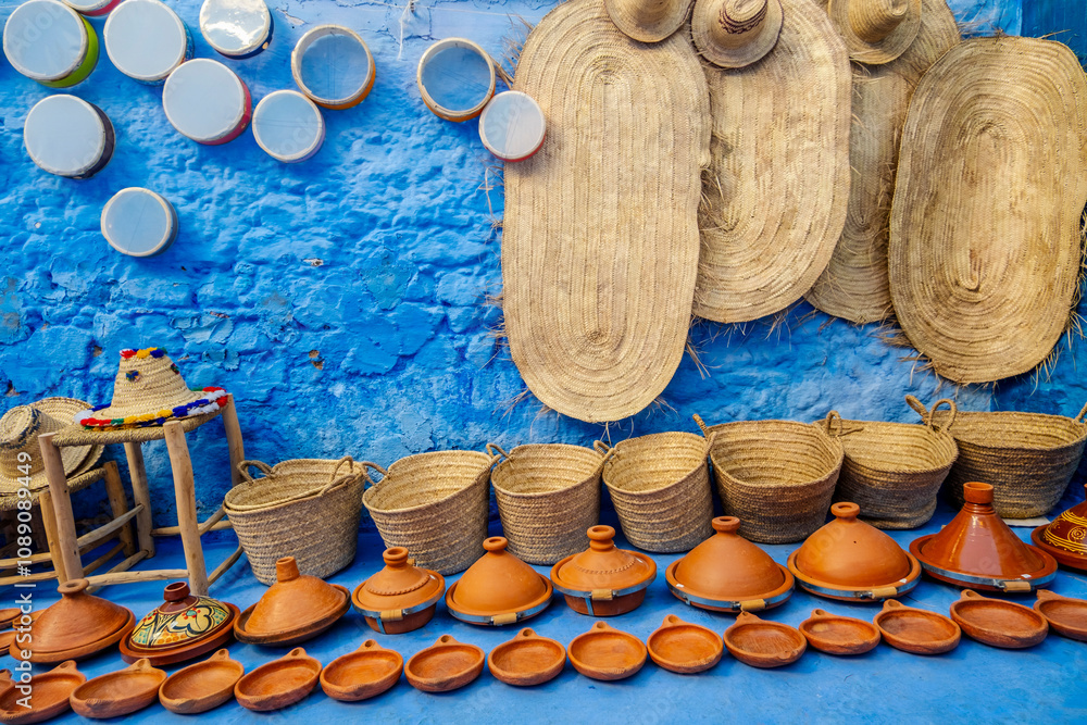 Ceramic and Baskets in Chefchaouen, Morocco in North Africa