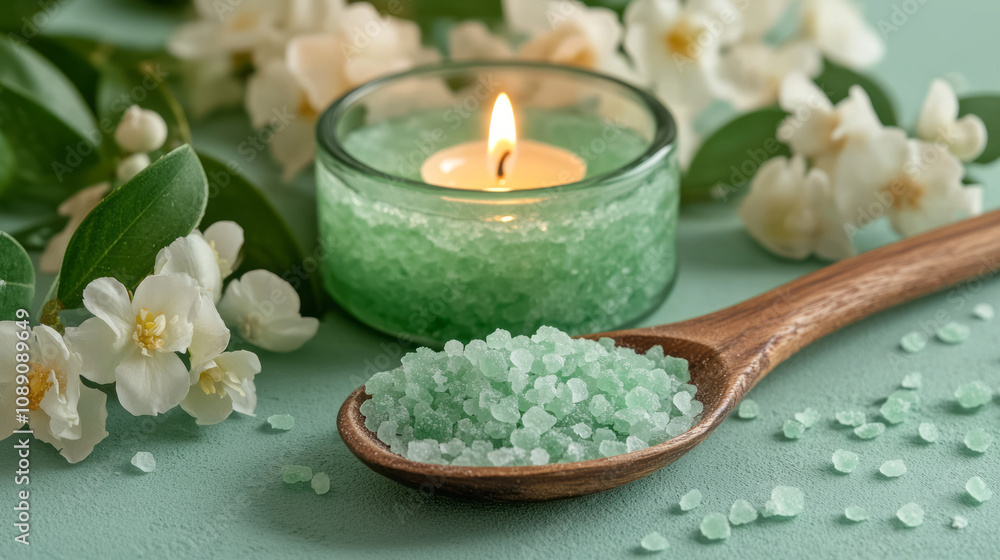 Sea salt in Wooden spoon with candle and flowers for spa treatment on light green background Sea salt in Wooden spoon with candle and flowers for spa treatment on light green background