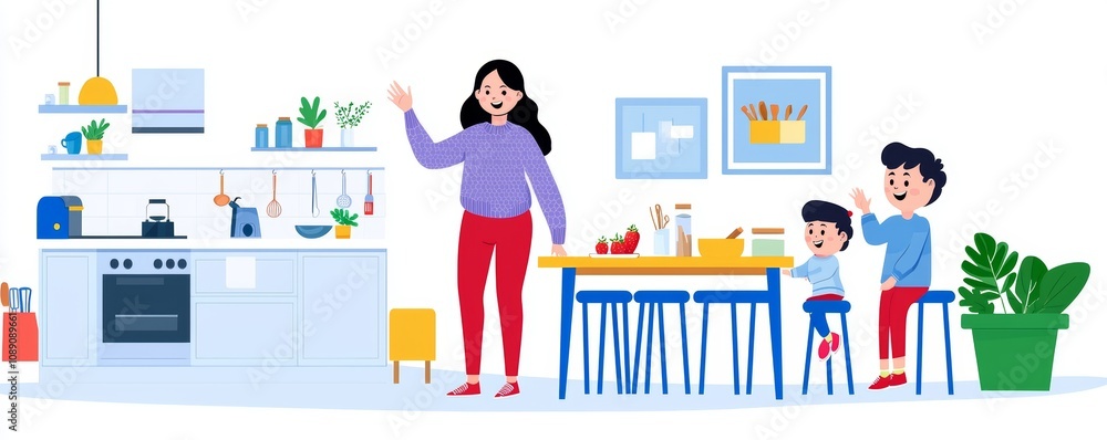 A cartoon family walks away from the kitchen as their mother waves hand and says goodbye to them. There is furniture, cookery equipment, utensils, and light through the window in this cartoon design. A cartoon family walks away from the kitchen as their mother waves hand and says goodbye to them. There is furniture, cookery equipment, utensils, and light through the window in this cartoon design.