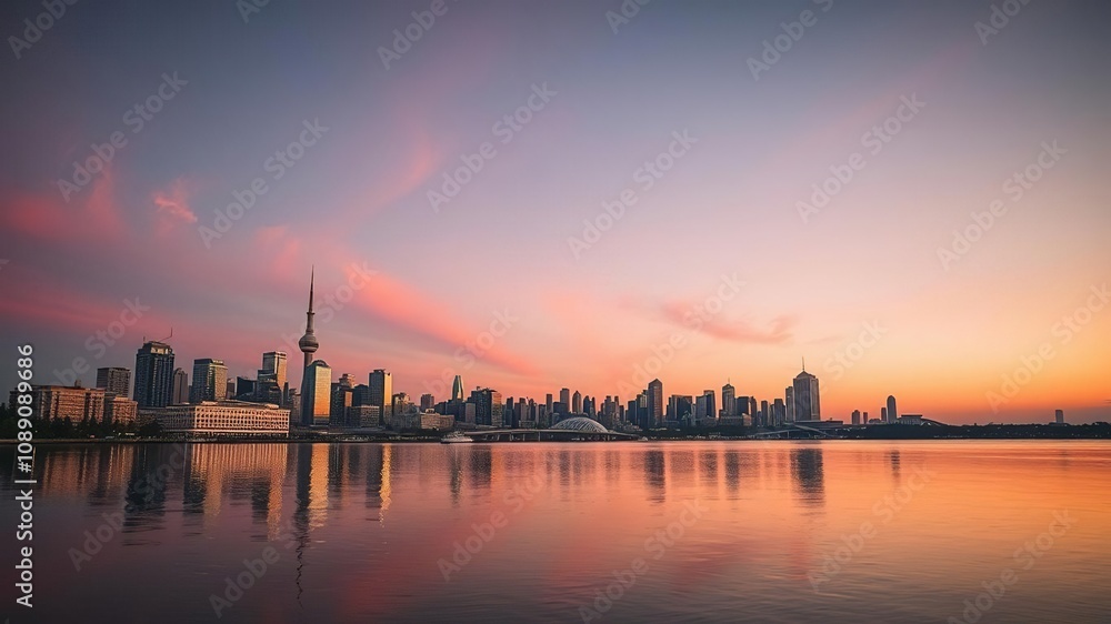 Panoramic view of Montreal skyline at dusk with reflection on calm lake water, soft orange and pink hues dominating the sky, warm, tower, reflection Panoramic view of Montreal skyline at dusk with reflection on calm lake water, soft orange and pink hues dominating the sky, warm, tower, reflection