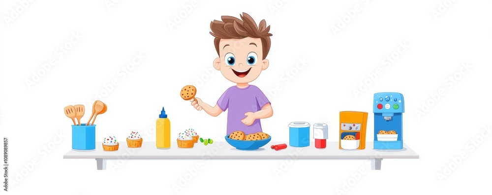 The boy eats chocolate cookie from a plate on his kitchen table and a snack food bowl is set up on the counter in his home room as well as a sweet dessert near the window. A dish of Oat Cake from the The boy eats chocolate cookie from a plate on his kitchen table and a snack food bowl is set up on the counter in his home room as well as a sweet dessert near the window. A dish of Oat Cake from the