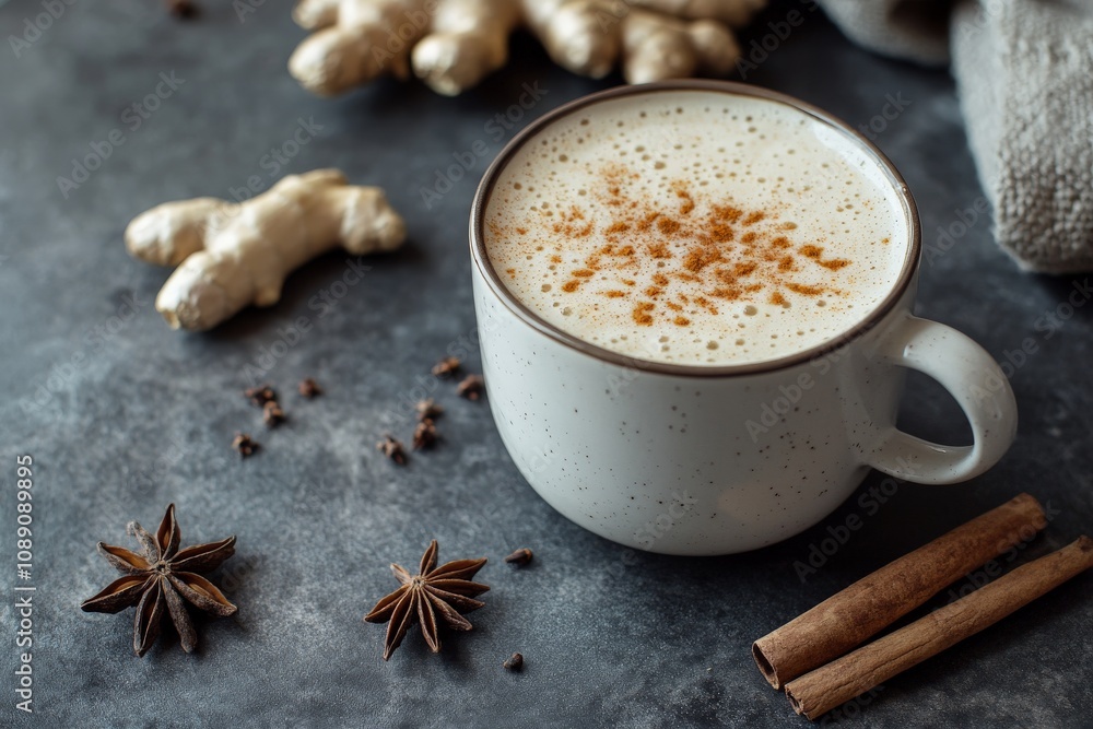 Spiced latte with cinnamon and star anise on rustic table Spiced latte with cinnamon and star anise on rustic table