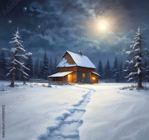 Illustration of barn with winter landscape and mountain behind.