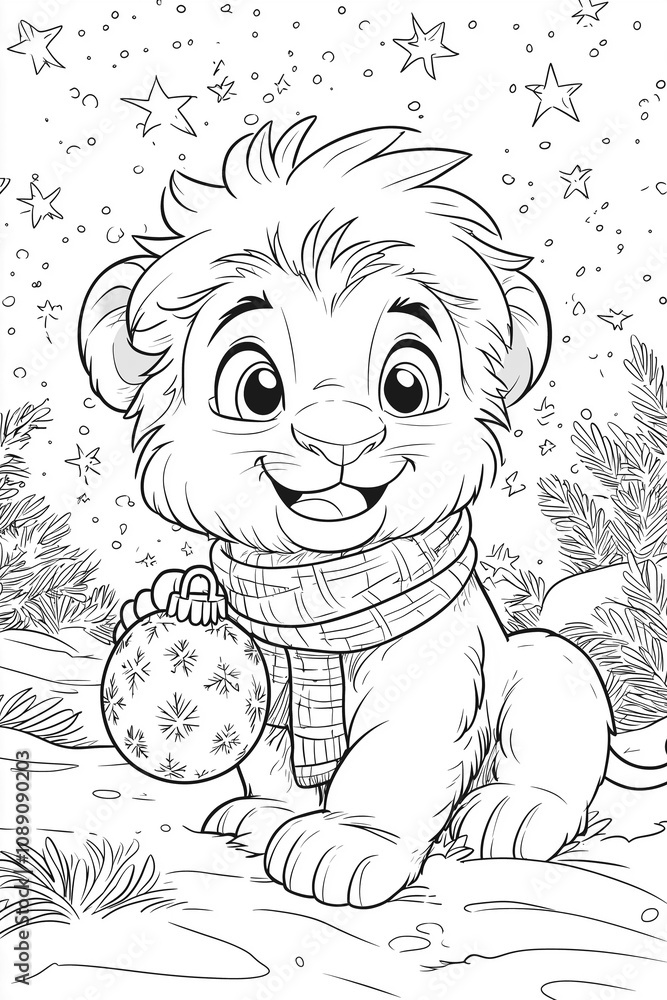 Coloring page - baby lion wearing a scarf playing with a Christmas bauble under a starry night sky Coloring page - baby lion wearing a scarf playing with a Christmas bauble under a starry night sky