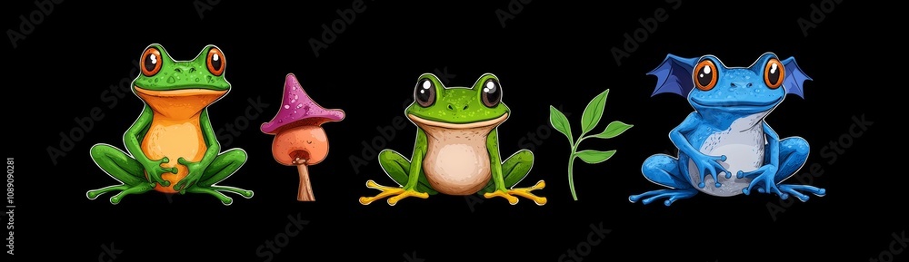 Fun cartoon character of green frog in various poses. Set of humorous illustrations of an amphibian catching insects with their tongue and sitting and croaking. Cheerful amphibian pond or swamp Fun cartoon character of green frog in various poses. Set of humorous illustrations of an amphibian catching insects with their tongue and sitting and croaking. Cheerful amphibian pond or swamp