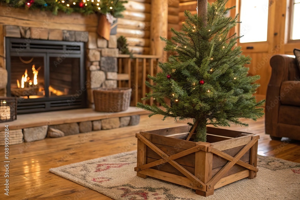 Rustic wooden Christmas tree stand in a cozy cabin, peaceful ambiance, cabin life, rustic decor Rustic wooden Christmas tree stand in a cozy cabin, peaceful ambiance, cabin life, rustic decor