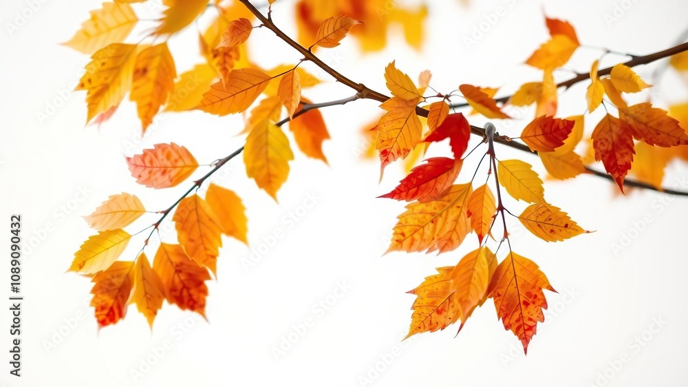 Scattered yellow and red orange leaves on a branch against a soft white background, orange, botanical, simple Scattered yellow and red orange leaves on a branch against a soft white background, orange, botanical, simple