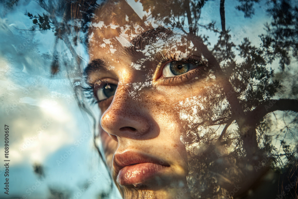 Portrait of a young woman with reflections of trees in her eyes, creating a serene and natural fusion of human and nature. Portrait of a young woman with reflections of trees in her eyes, creating a serene and natural fusion of human and nature.