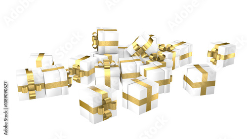 A pile of white gift boxes with golden ribbon on transparent background.