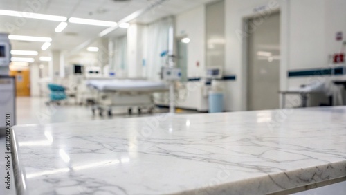 Marble table top with blur hospital clinic medical interior background
